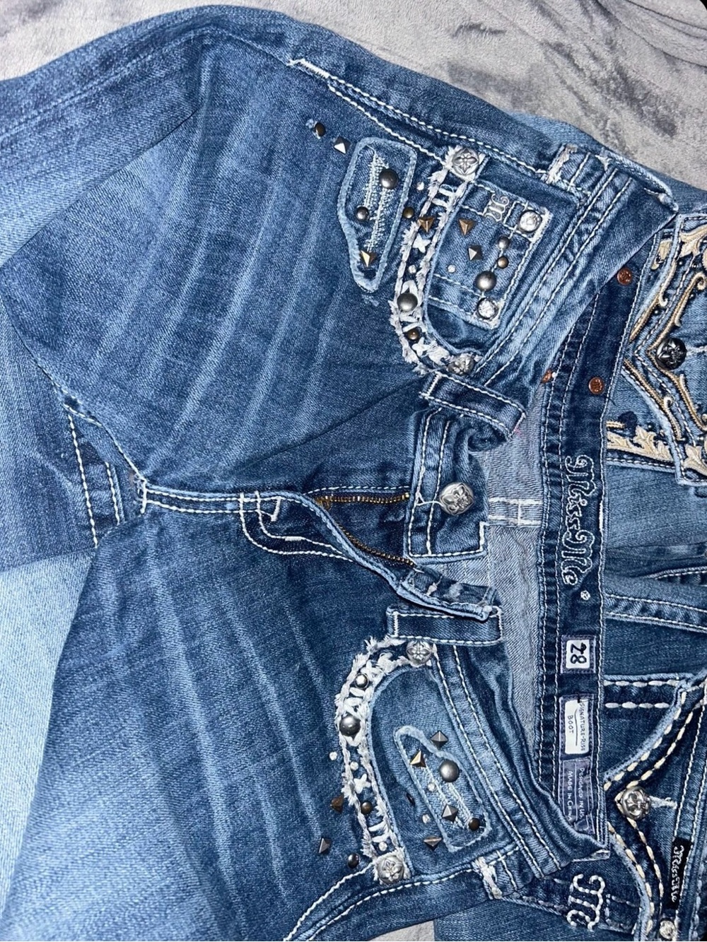 (3) Miss Me Blue Embellished Bootcut Jeans Trio - Distressed & Detailed - Picture 3 of 7